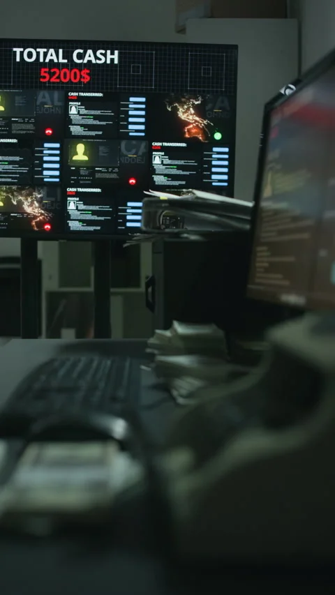 Computer Screen Displaying Cyber Crime Data with Stacks of Cash Stock Footage 346711364