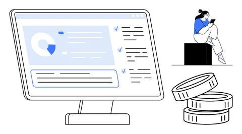Computer screen displaying data analysis dashboard, woman using tablet while  Stock Illustration