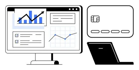 Computer screen displaying data analytics, credit card, and a laptop emphasiz 스톡 일러스트