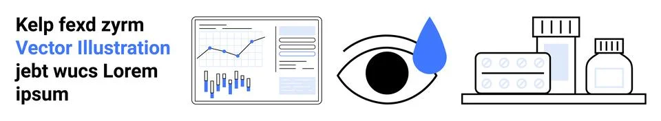 Computer screen displaying data analytics, eye symbol with blue drop, various Stock Illustration
