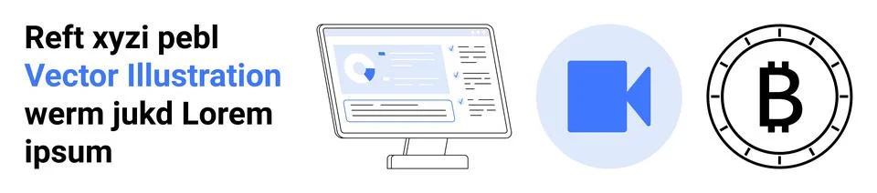 Computer screen displaying data, blue video call icon, Bitcoin coin illustrat Stockillustratie