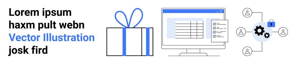 Computer screen displaying data, gift box with ribbon, and interconnected use Stock Illustration