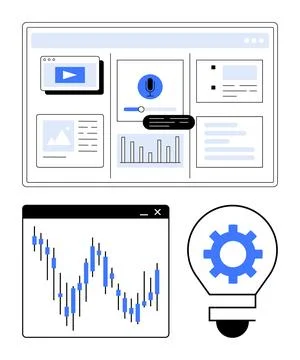 Computer screen displaying data graphs, charts, microphone icon, video conten Stock Illustration