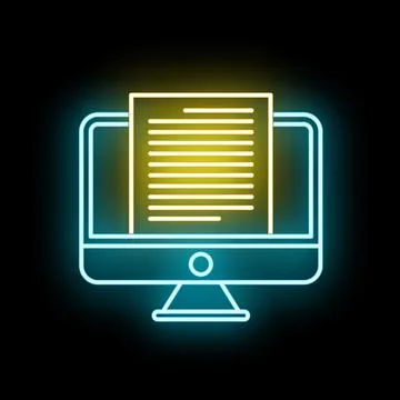 Computer screen displaying digital document neon icon Stockillustratie