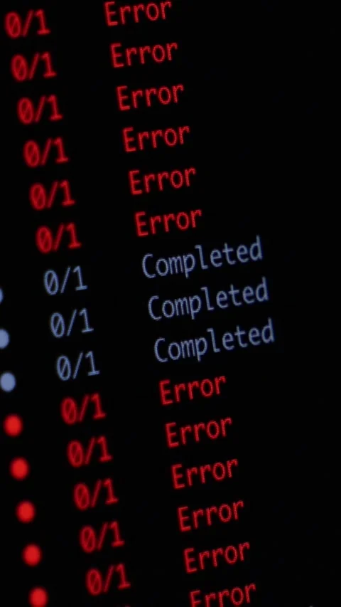 A computer screen displaying a digital list of processing tasks with red error Stock Footage 346525935