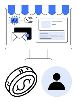 Computer screen displaying digital marketing elements such as advertisements, Stockillustratie