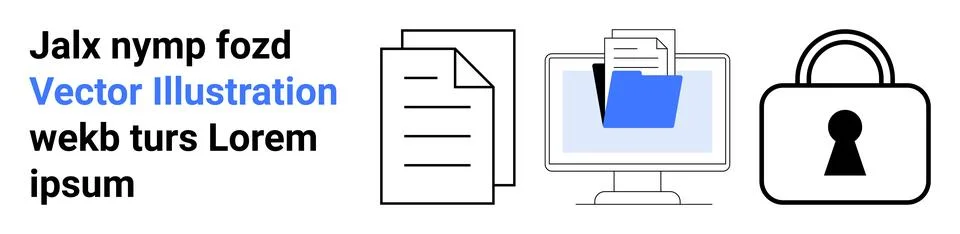 Computer screen displaying document folder, two document icons, and a lock ic Stock Illustration