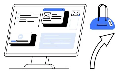 Computer screen displaying an e-commerce website interface with various conte Stock Illustration