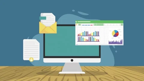 Computer screen displaying email and spreadsheet with charts, data analysis.. Stock Footage 334536941