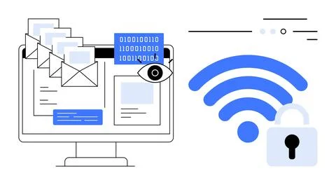 Computer screen displaying encrypted emails, binary code, and an eye symbol.  Stock Illustration
