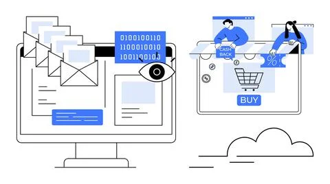 Computer screen displaying envelopes, binary code, and an eye icon adjacent t 库存插图