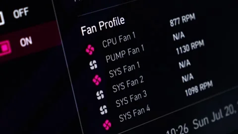 Computer screen displaying 'ON' Fan Profile settings with CPU and SYS Fan R.. Stock Footage 314389116