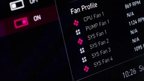 Computer screen displaying fan profile settings and RPM readings, with an a.. Stock Footage 314389117