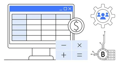 A computer screen displaying a financial spreadsheet, dollar symbol, calculat Stock Illustration