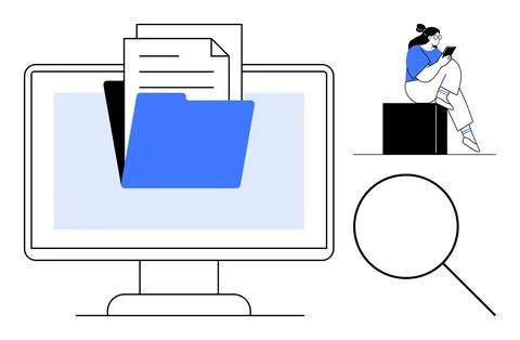 Computer screen displaying folder and documents, person using tablet on block Stock Illustration