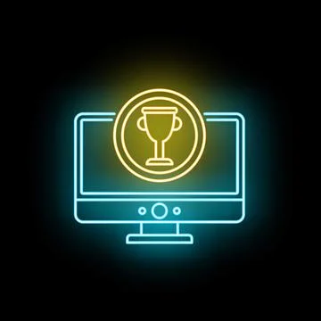 Computer screen displaying gaming trophy neon icon Stock Illustration