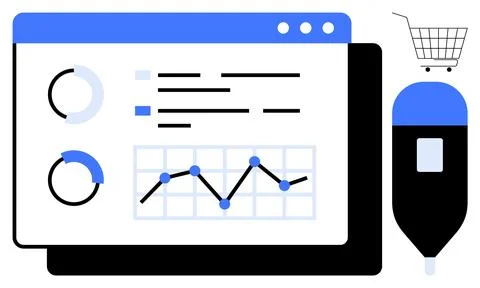 Computer screen displaying graphs and charts with a shopping cart and a dropp Illustrazione stock