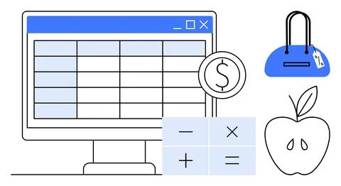 Computer screen displaying a grid interface, calculator, dollar sign, blue sh Illustrazione stock