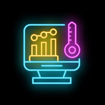 Computer screen displaying growing chart and thermometer neon sign Stock Illustration