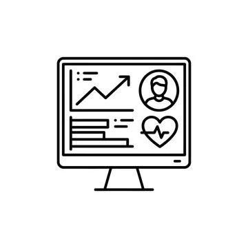 Computer screen displaying health data, charts, and patient information. Ilustración de archivo