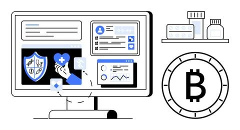 Computer screen displaying health management software, including patient prof Stock Illustration
