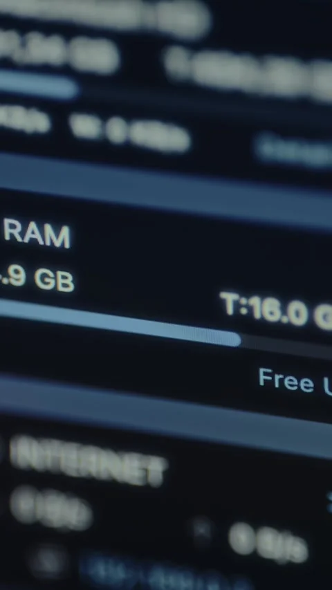 Computer screen displaying information on systems RAM and internet usage Stock Footage 327913168