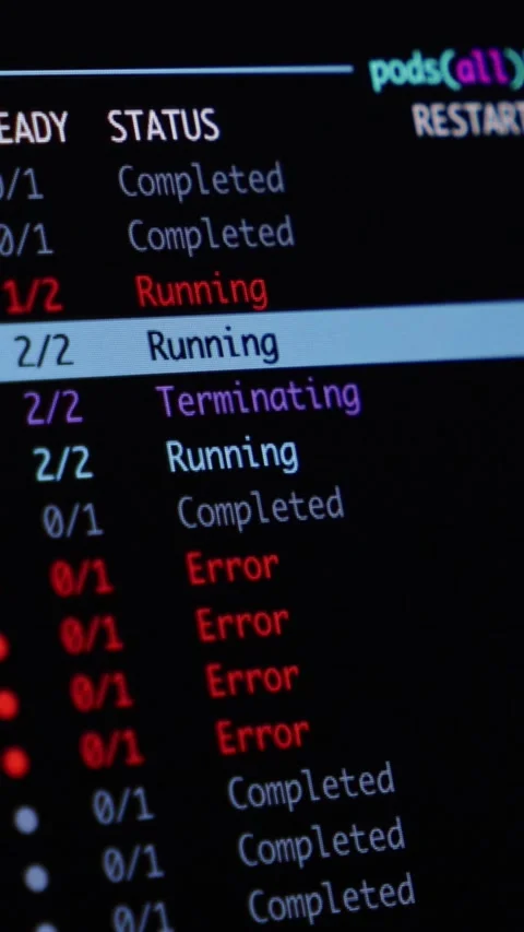 Computer screen displaying Kubernetes cluster pod status with running, Stock Footage 346525518