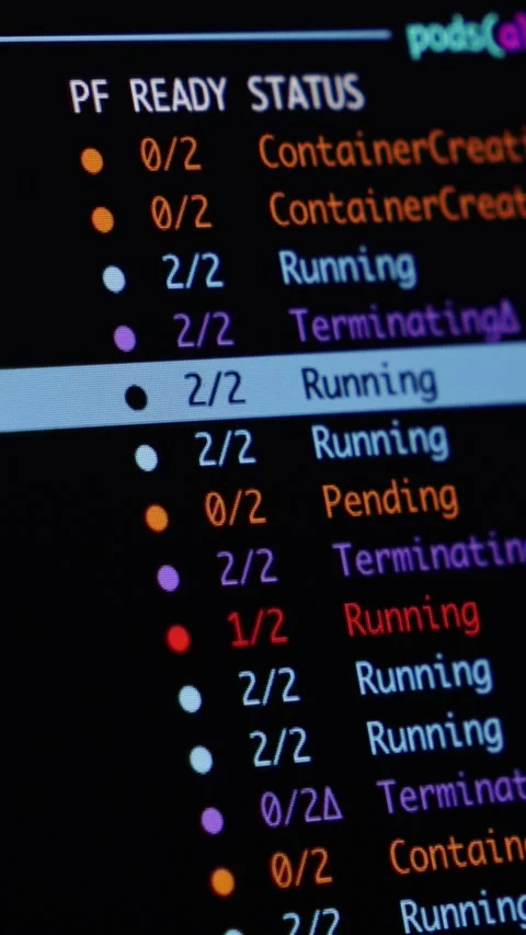 Computer screen displaying Kubernetes pod status updates, highlighting Stock Footage 346525610