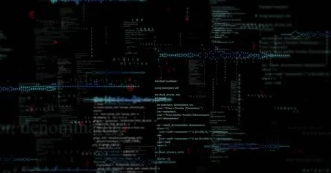 Computer screen displaying layered code snippets with binary sequences and ASCII Stock Photos