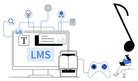 Computer screen displaying LMS and learning tools connected by blue lines, bo Stock Illustration