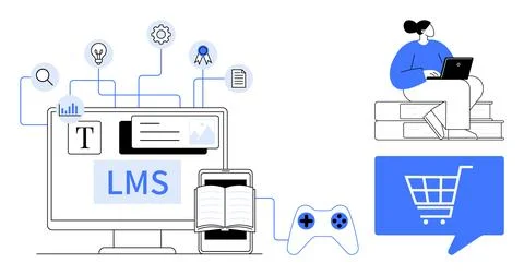 Computer screen displaying LMS with educational icons, student using laptop o Stock Illustration
