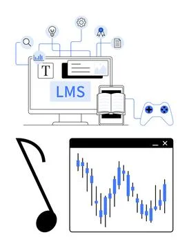 Computer screen displaying LMS with icons of gear, light bulb, game controlle Stock Illustration
