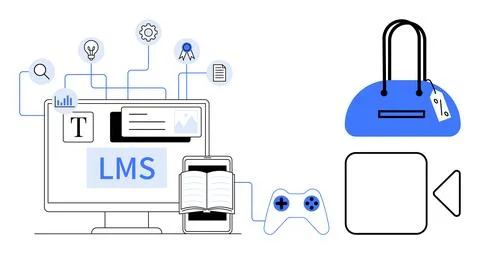 Computer screen displaying LMS with icons thumbs up magnifying glass, lightbu Stock-Illustration