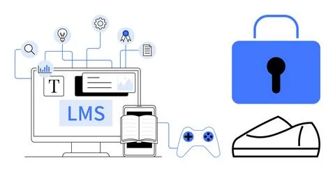 Computer screen displaying LMS interface, education icons, tablet with open b Stock Illustration