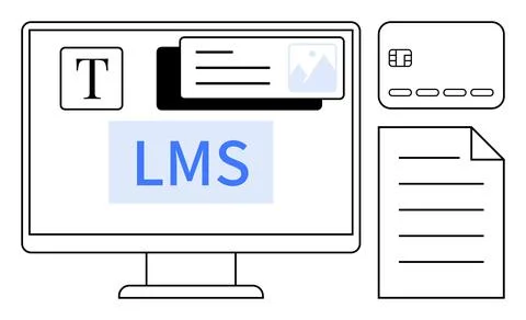 Computer screen displaying LMS interface elements including text, card, and i Stock Illustration