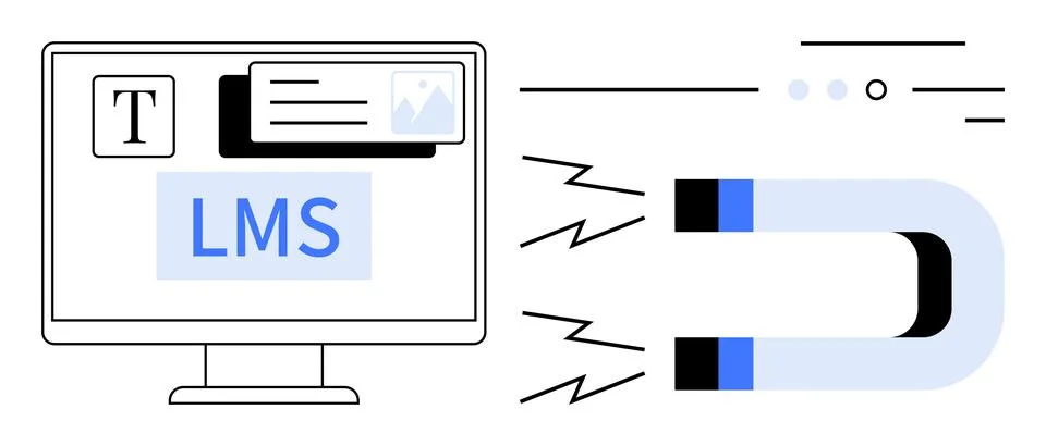 Computer screen displaying LMS, text, and image components with a large magne Stock-Illustration