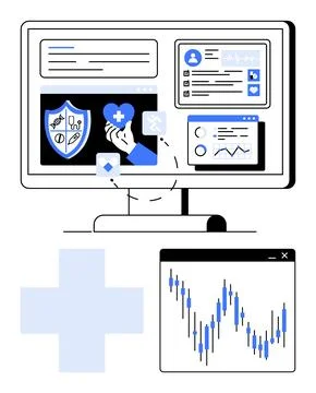 Computer screen displaying medical dashboard, health icons, and patient data  Stock-Illustration
