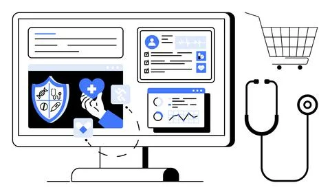 Computer screen displaying medical data with icons for health records, patien Stock Illustration