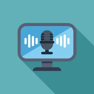 Computer screen displaying microphone icon and soundwaves, concept of podcast Illustrazione stock