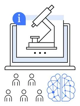 Computer screen displaying microscope surrounded by information icon communit Stockillustratie