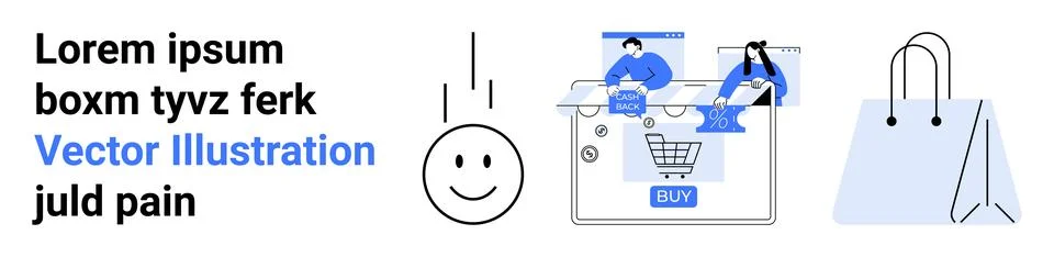 Computer screen displaying online shopping cart with two people, texts, happy Stock Illustration