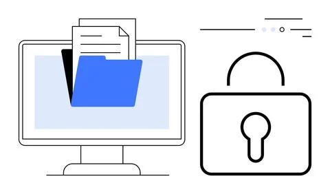 Computer screen displaying open document folder beside a padlock symbol. Idea Illustrazione stock