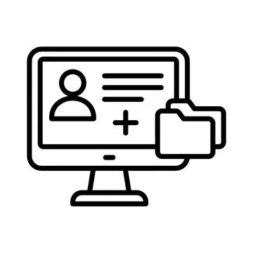 Computer screen displaying patient profile with medical records, plus sign,.. Stock Illustration