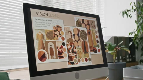 Computer Screen Displaying Presentation Slide about Design Trend on Office Desk Stock Footage 328599154