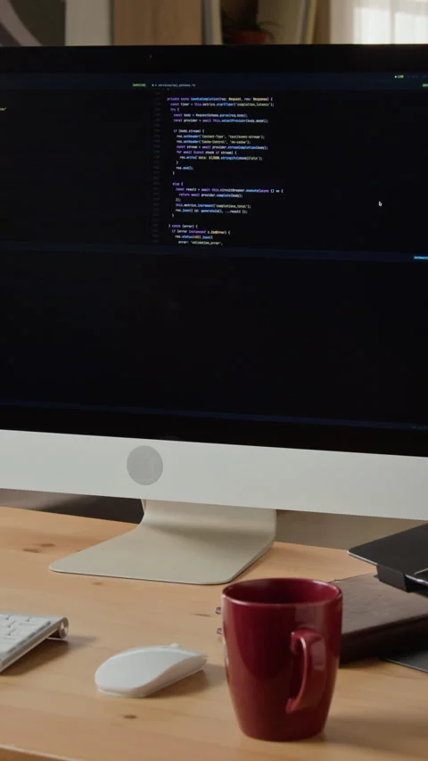 Computer Screen Displaying Programming Code in Modern Office Video stock 347655688