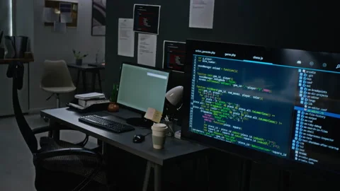 Computer Screen Displaying Programming Code in Empty Office Stockbeeldmateriaal 348377845