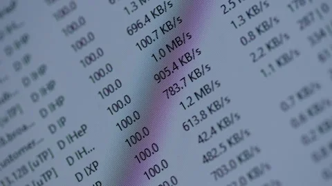 Computer screen displaying real-time data transfer speeds, showing various Stock Footage 321293340