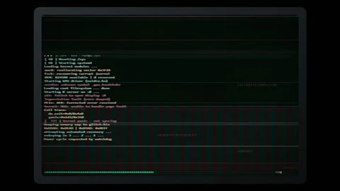 Computer screen displaying scrolling linux terminal code and system boot error 動画素材 345758674