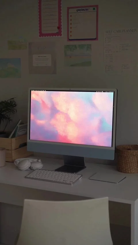 Computer Screen Displaying Soft Pastel Wallpaper – Minimalist Digital Stock Footage 309850476