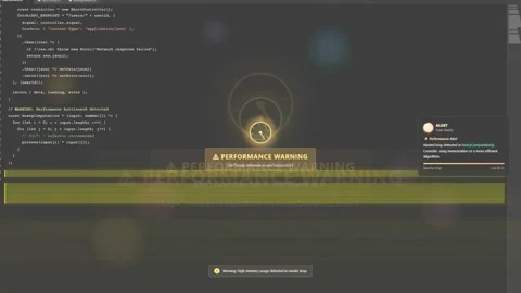 Computer screen displaying software code with a yellow performance warning Stock Footage 340215936